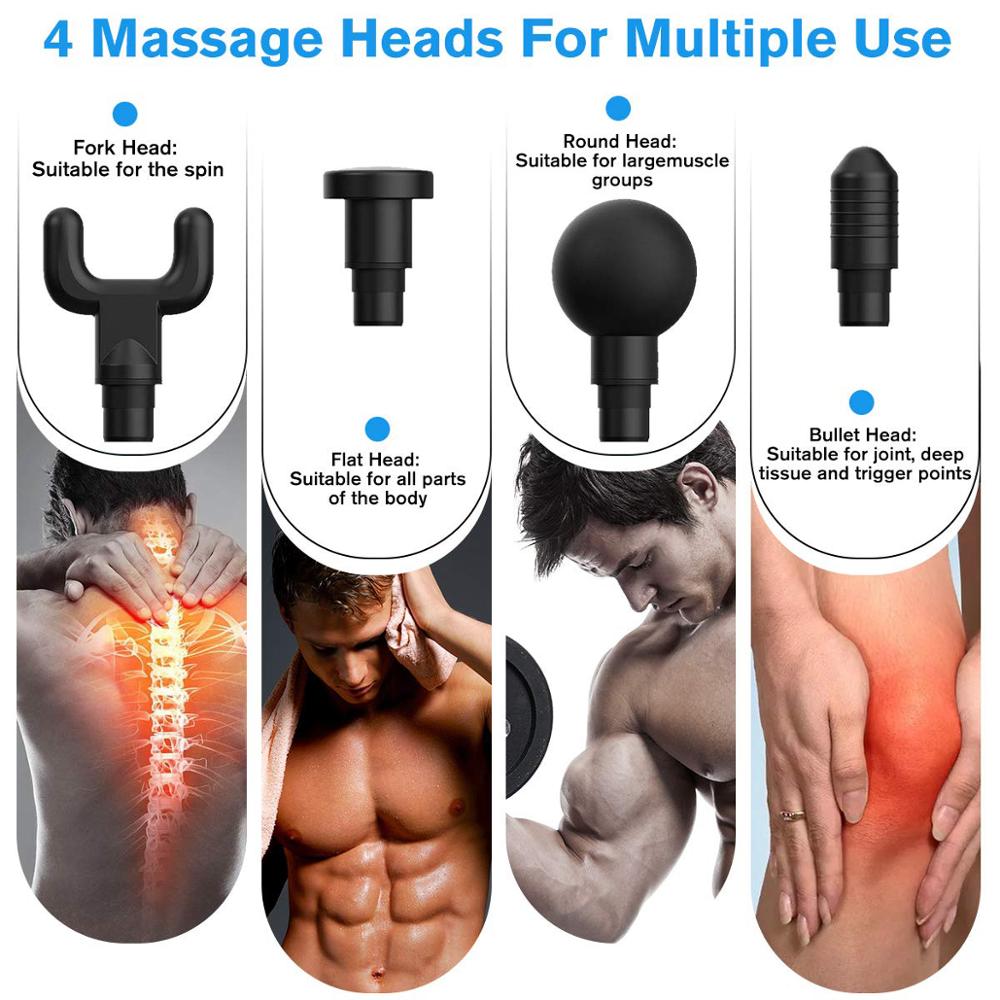 Our Muscle Massage Gun comes with four specialized heads to cater to all your recovery needs: the spine head for precise relief, the full-body head for comprehensive muscle care, the large muscle head for intense yet soothing massages, and the joint/deep tissue head for targeted therapy, ensuring every part of your body gets the attention it deserves