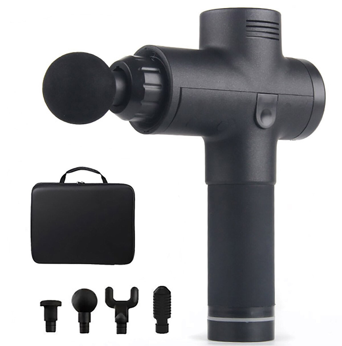 Experience portable relief wherever you go with our Muscle Massage Gun kit, complete with four interchangeable massage heads and a convenient carrying case, ensuring your recovery is always within reach, whether at home, the gym, or on the go.