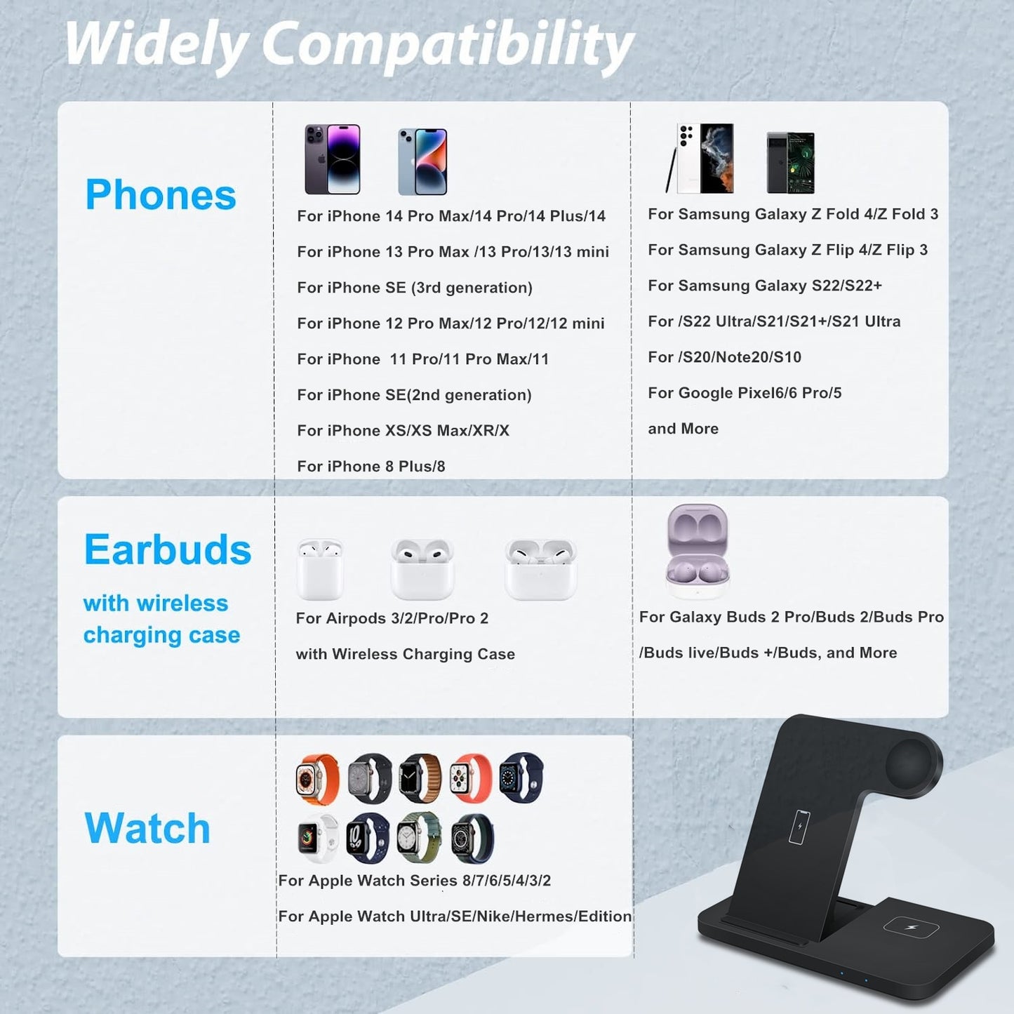 Experience universal compatibility with the DCAE Charging Dock, designed to power up iPhones, Samsungs, Google phones, smartwatches, and earbuds simultaneously